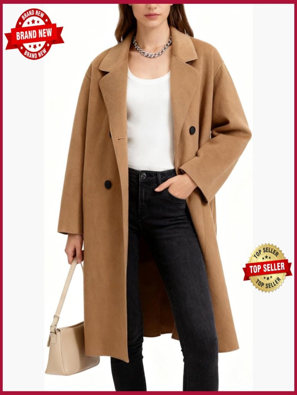 Double Breasted Midi Peacoat Wool Blend Trench Coat Fall Winter Women Long Coat